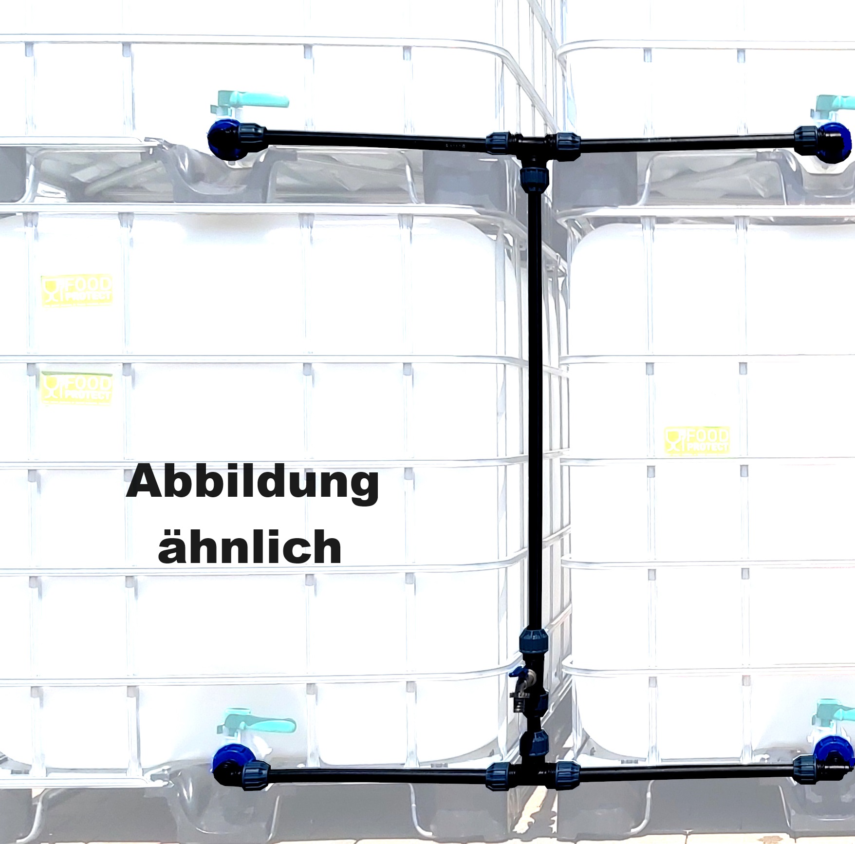 Verbindungsset 40 mm für 4 IBC Tanks im Block + 1" Auslaufhahn (Bild für) Verbindungsset 40 mm für 4 IBC Tanks im Block + 1" Auslaufhahn